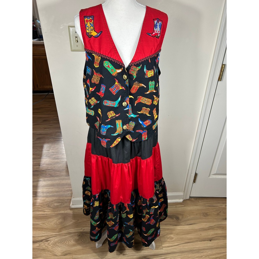 Handmade Western Cowgirl Boot Print Vest & Tiered Maxi‎ Skirt SET Square Dance